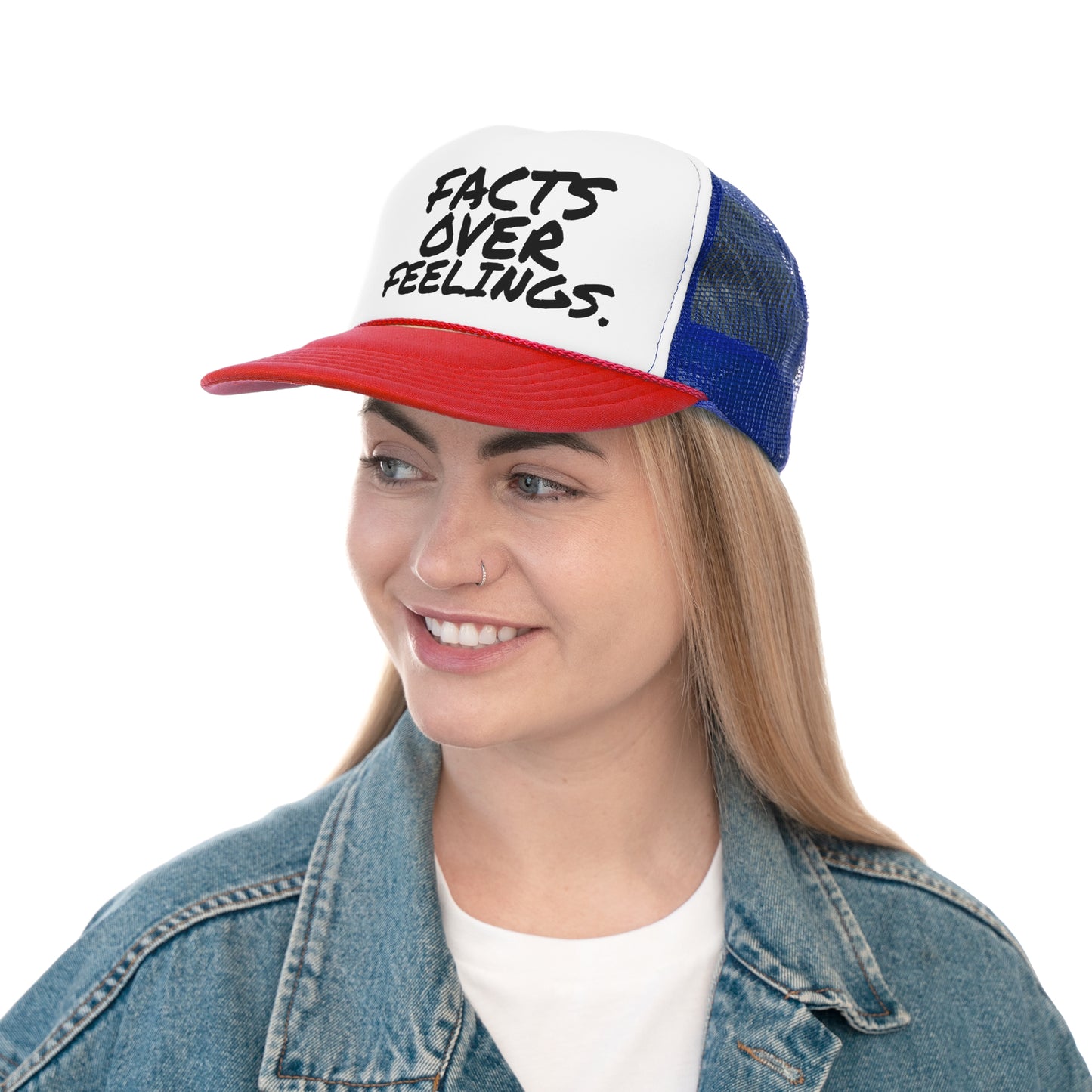 "FACTS OVER FEELINGS."Trucker Caps